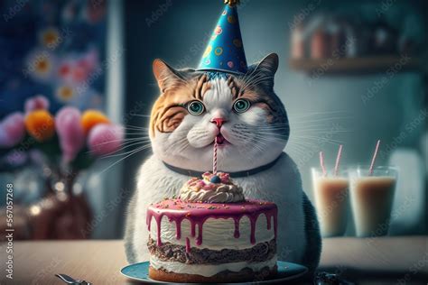 cute cat in her birthday, cat party, happy cat by ai generative Stock ...