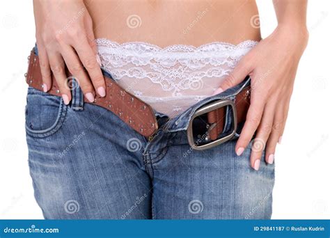 Schlankes Mädchen Nimmt Jeans Stockbild Bild Von Karosserie Riemen