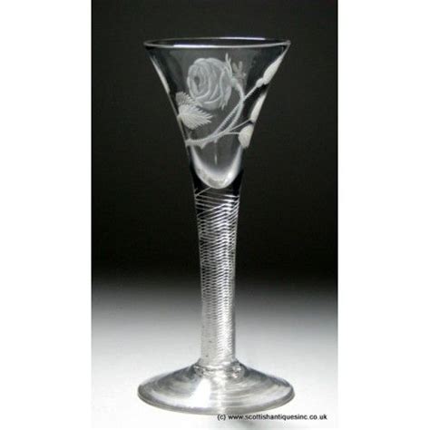 Sold Rare Jacobite Engraved Air Twist Wine Glass C1750 Antique Glass Drinking Glass Wine Glass