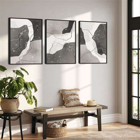 Large Grey Wall Art for Living Room - XL Set of 3 Framed Canvas Pictur