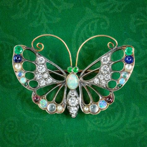 Antique Edwardian Gemstone Butterfly Brooch With Box Gem