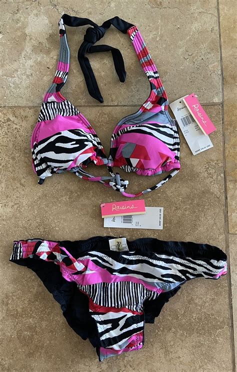 NWT Raisins Swimsuit Set Bikini Top Bottom Rev Rose Halter Size M EBay