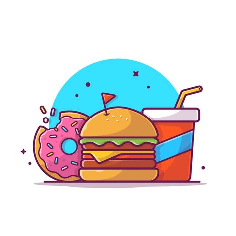 Burger Soda Drink And Doughnut Cartoon Vector Icon Illustration Food Object Icon Concept