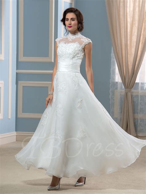 High Neck Ankle Length Appliques Beach Wedding Dress Wedding Dresses