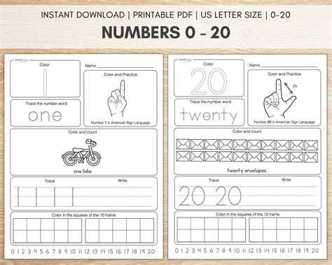 Number Worksheets 0 20 Printables Asl Numbers Counting 10 Frames Math Preschool