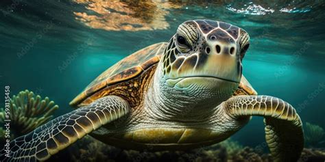 Green sea turtle, Chelonia mydas, in close up in its underwater habitat. Stunning exotic animal ...