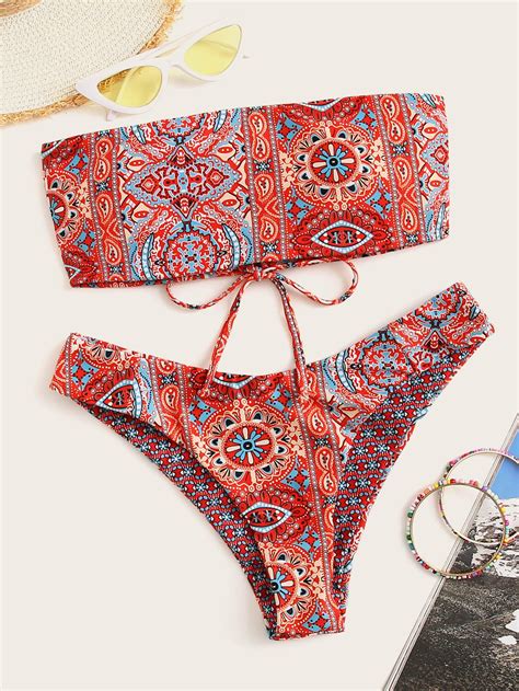 Bikini bandeau con cordón tribal al azar cortado alto