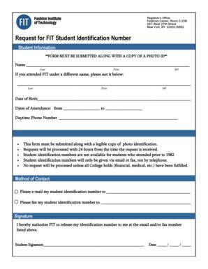 Fillable Online Fitnyc Request For Fit Student Identification Number