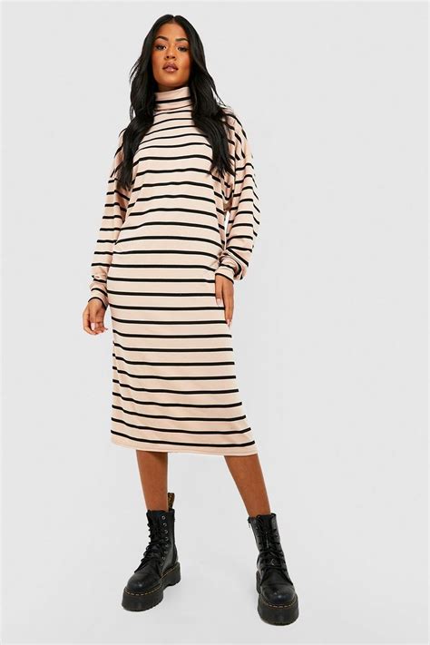 Womens Tall Roll Neck Longsleeve Wide Stripe Midi Shift Dress Boohoo Uk