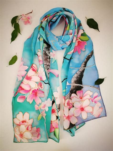 Cherry Blossom Silk Scarf Sakura Wrap Floral Silk Shawl Blue Etsy