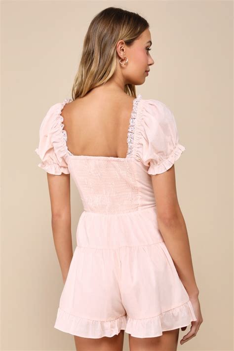 Blush Lace Up Romper Puff Sleeve Romper Lacy Corset Romper Lulus