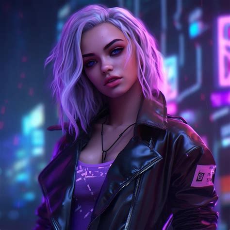 Premium AI Image A Wide Angle Photo Of A Blonde Cyberpunk Girl With No Glowing Blue Eyes Ina