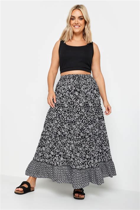 Yours Plus Size Black Floral Print Tiered Maxi Skirt Yours Clothing