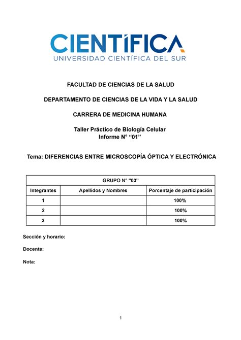 Informe Bio Pra Facultad De Ciencias De La Salud Departamento De