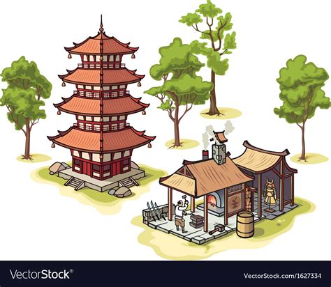 Japanese pagoda and medieval blacksmith Royalty Free Vector