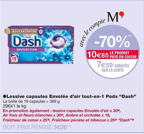 Promo Lessive Capsules Envolée D air Tout en 1 Pods dash chez