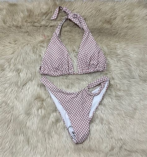 Gingham Nude Light Pink Self Tie Bikini Women S Fashion Swimwear Bikinis Swimsuits On Carousell