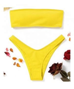 Women S Strapless Ribbed Lace Up High Cut Two Piece Bandeau Bikini Set Yellow CO189XU03UG