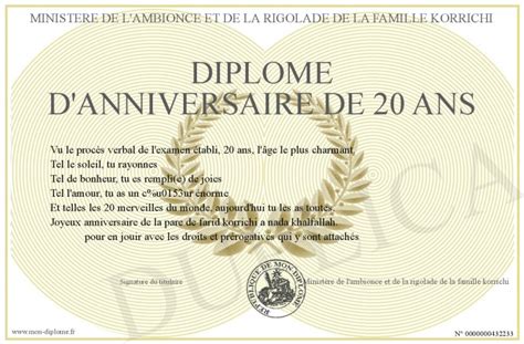 Diplome D Anniversaire De 20 Ans