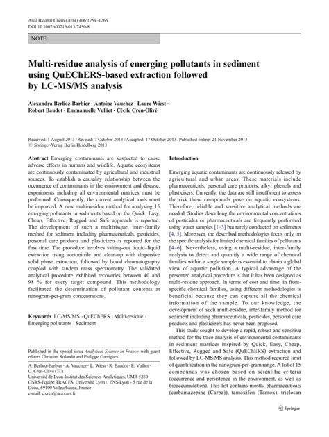 Pdf Multi Residue Analysis Of Emerging Pollutants In Sediment Using