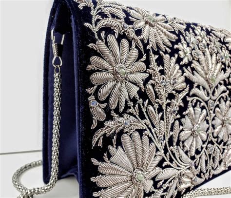 Silver Embroidered Blue Velvet Evening Bag Clutch Floral Clutch OOAK