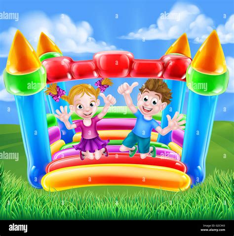 Cartoon Young Boy And Girl Having Fun Jumping On A Bouncy Castle Stock