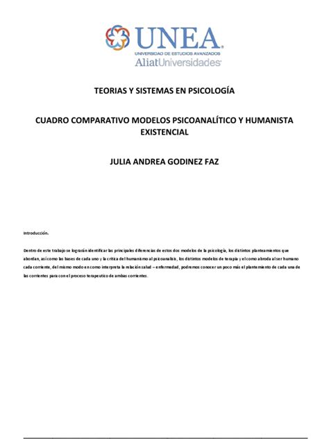 Cuadro Comparativo Psicoanalisis Y Humanismo Existencial Julia Godinez