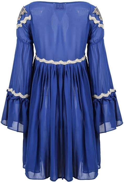 Blue Long Sleeve Lace Embroidered Pleated Dress Sheinsheinside