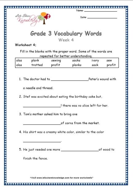 Grade 3: Vocabulary Worksheets Week 4 – Lets Share Knowledge