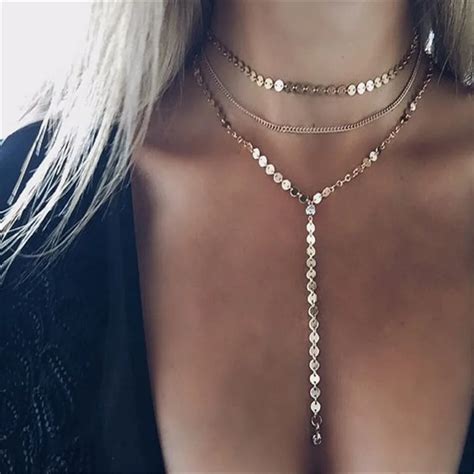 Sexy Fashion Sequins Rhinestone Choker Necklace Women Long Chain