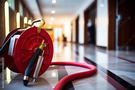 Fire extinguisher and fire hose reel in hotel corridor Stock Photo ...