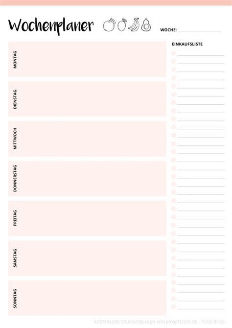 Kostenlose PDF Wochen Planer Essensplan Printables