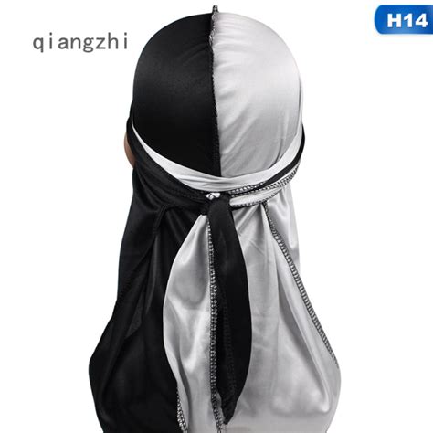 Qzh Silky Durag Pirate Cap 2 Tone Color Block Long Tail Headwrap Turban