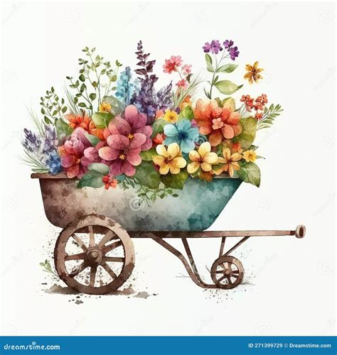 Wheelbarrow Planter Plans With Beautiful Sping Flowers Watercolor