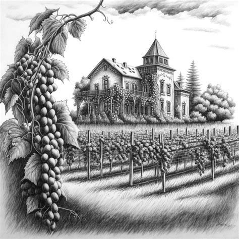 Premium AI Image | A drawing of a vineyard with a house and a bunch of grapes generative ai