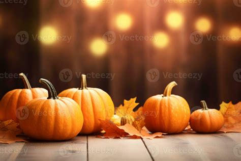 Thanksgiving background. Pumpkin and dry leaves on rustic wooden table with light bokeh ...