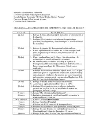 Cronograma Del Iii Momento Eta 2018 2019 PDF