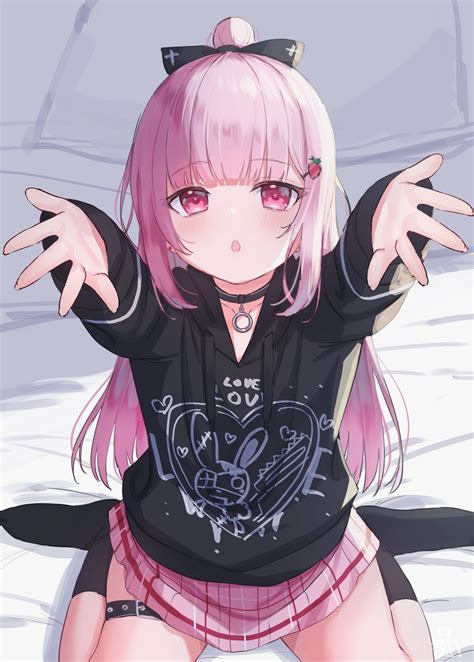 Safebooru 1girl Arms Up Bangs Bed Sheet Belt Black Belt Black Bow Black Choker Black Hoodie