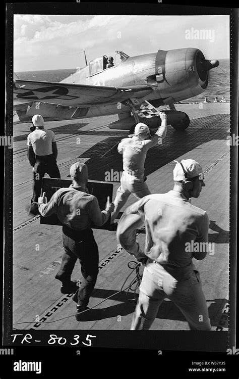 Pilot In F F Awaits The Take Off Signal On Board The Uss Lexington Cv