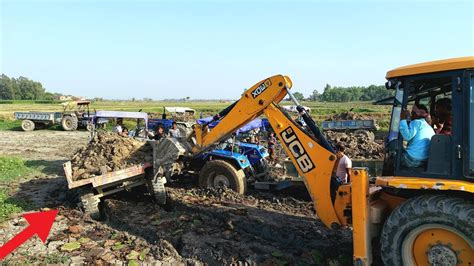 Jcb Backhoe Machine And Over Load Tractor Stuck In Mud Eicher