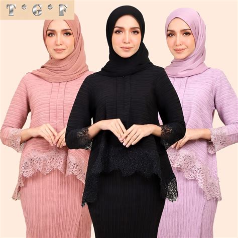 Baju Kurung Moden Kebaya Lace Ironless Baju Raya 2023 Plain Pleated Set