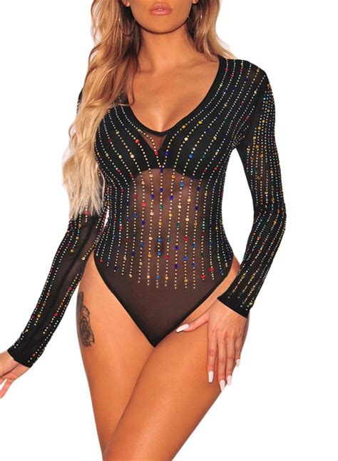 Corafritz Women One Piece Lingerie Sexy Black Long Sleeve Mesh Rainbow