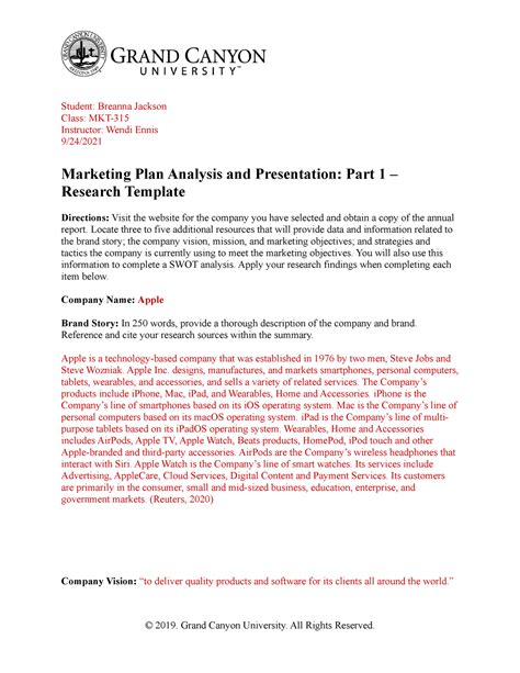 MKT 315 Marketing Plan Analysis And Presentation Part 1 Student