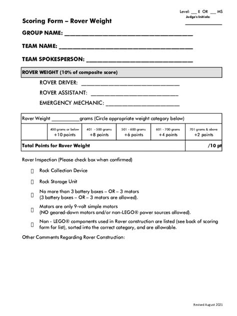 Fillable Online Scoring Form Rover Weight Fax Email Print Pdffiller