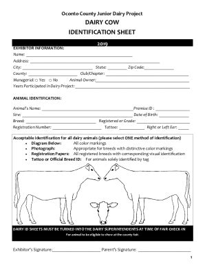 Fillable Online DAIRY COW IDENTIFICATION SHEET Fax Email Print PdfFiller