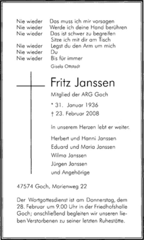 Traueranzeigen Von Fritz Janssen Trauer In Nrw De