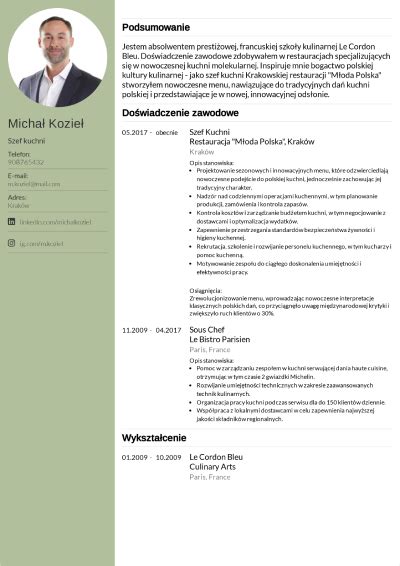 Szablon Cv Dla Kucharza Przyk Adowe Cv Gastronomia