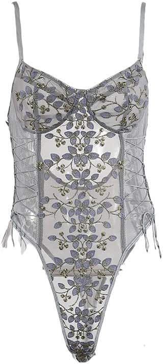 Amazon Lilosy Women Sexy Lace Up Floral Embroidered Teddy Lingerie Bodysuit Top Mesh Sheer