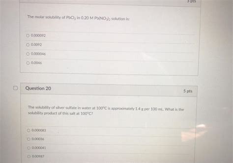 Solved Pts The Molar Solubility Of PbCl2 In 0 20 M Pb NO3 2 Chegg