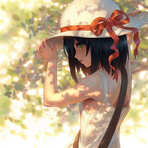 Hd Wallpaper Anime Girls Short Hair Hat Green Eyes Black Hair